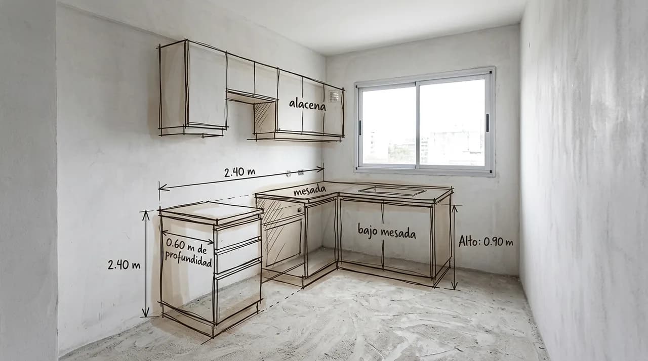Boceto arquitectónico de mueble de cocina en L con cotas métricas superpuesto sobre espacio real