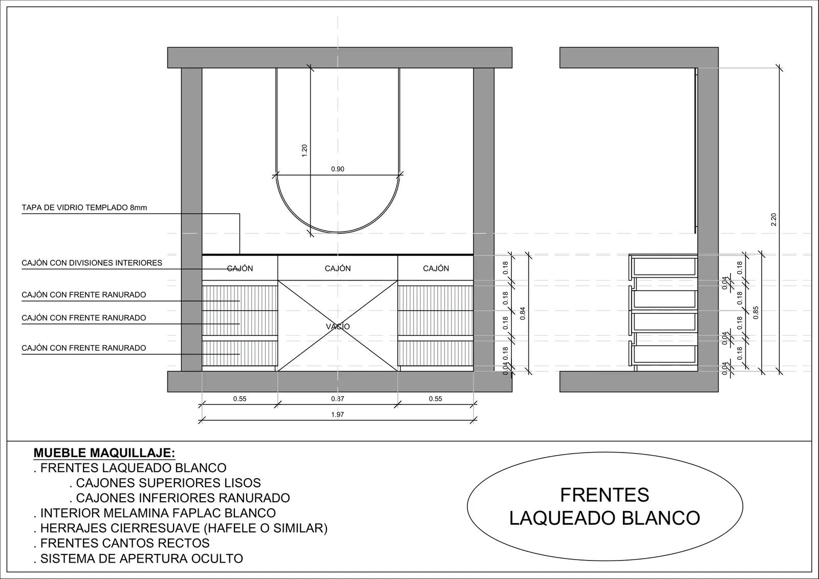 Plano de detalle del mueble de maquillaje