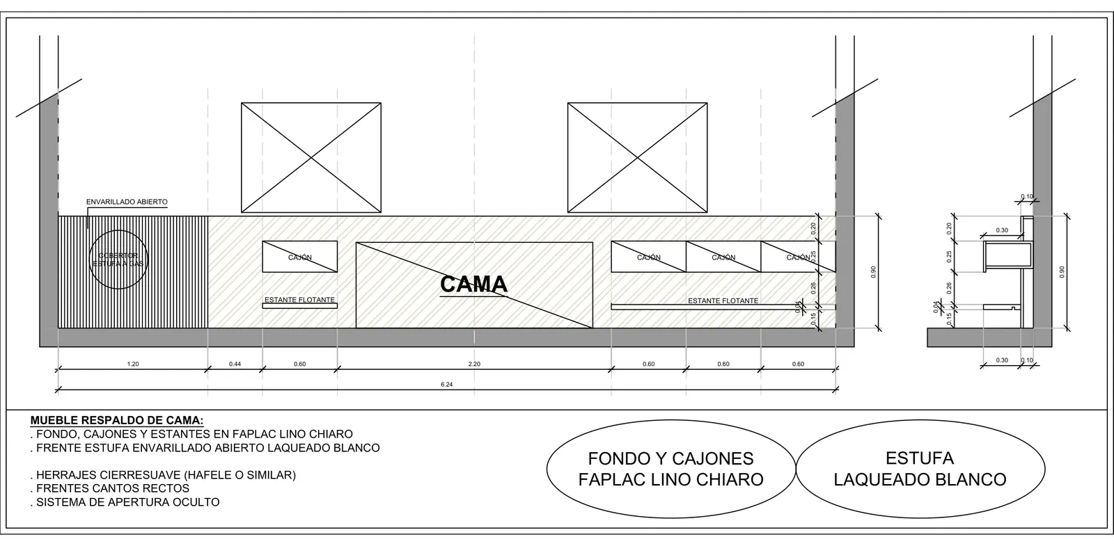 Plano de detalle del respaldo de cama