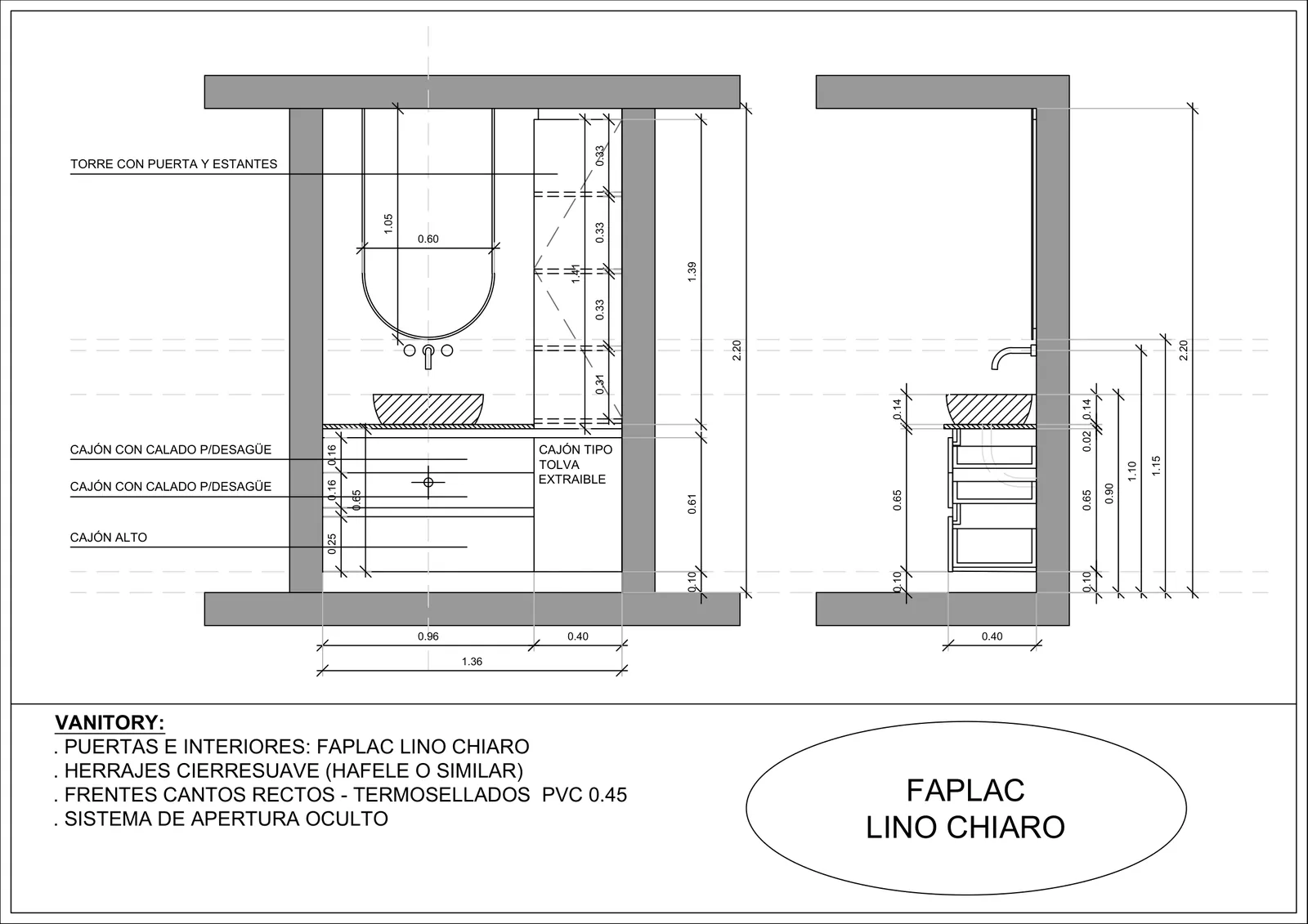 Plano de detalle del vanitory con medidas y especificaciones