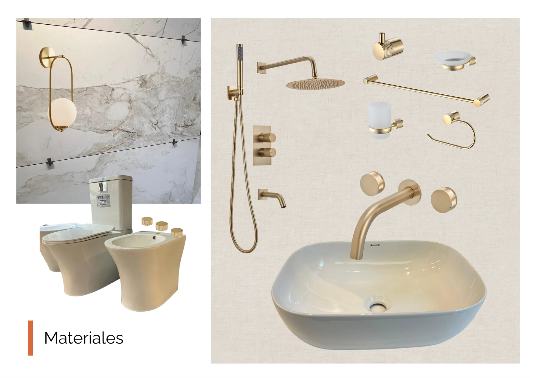 Lámina de materiales: grifería dorada, sanitarios y porcelanato símil mármol