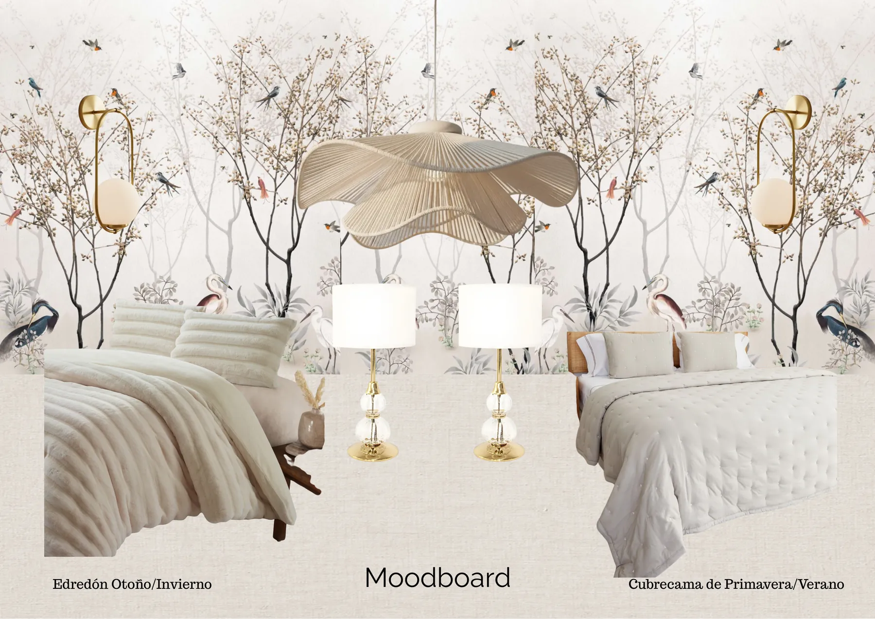 Moodboard del proyecto: empapelado de aves, luminarias y ropa de cama