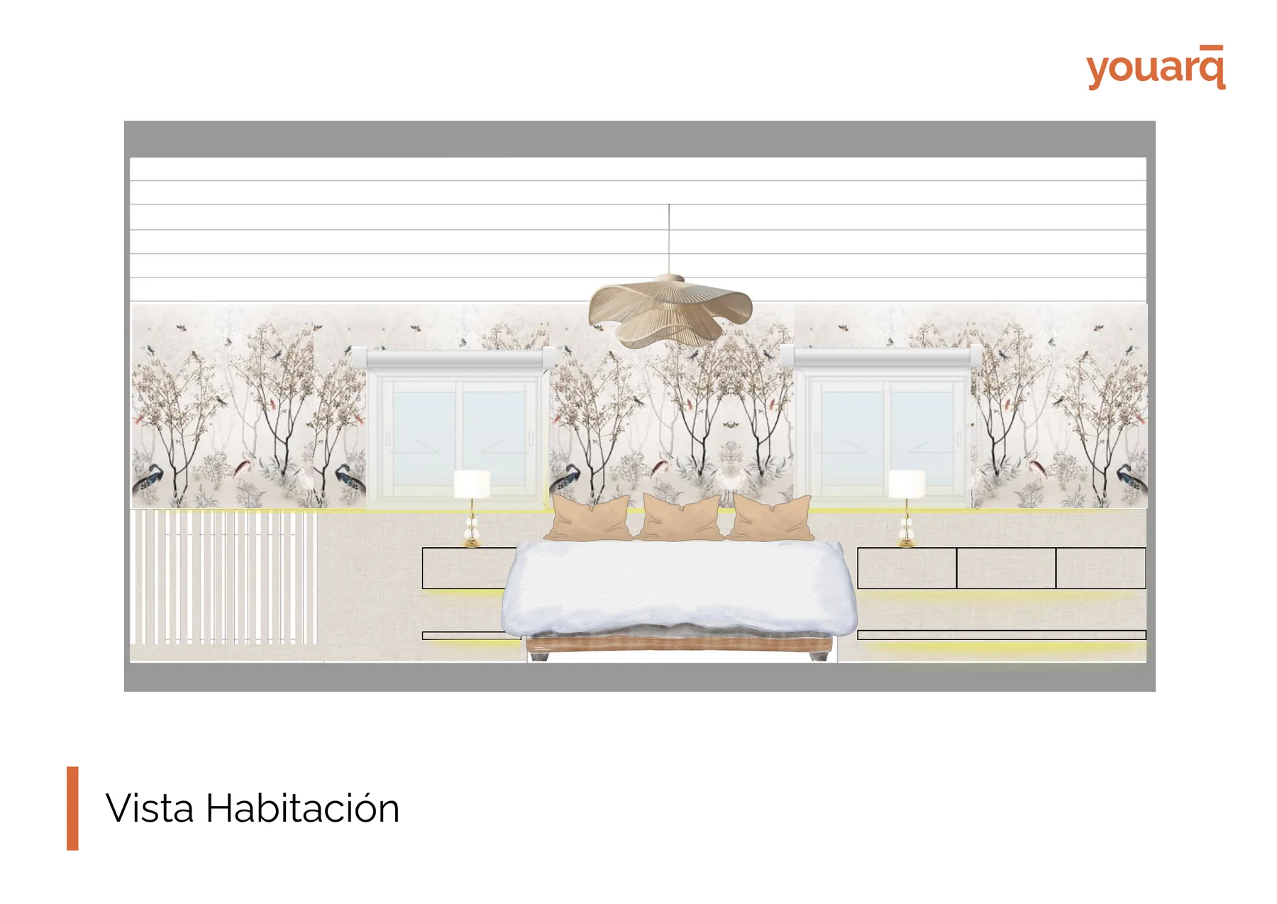 Vista proyectada de la habitación con el empapelado y el respaldo